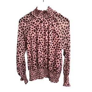 Pink & Black Animal Print High Neck Smocked Long Sleeve Top By Ann Taylor Size M